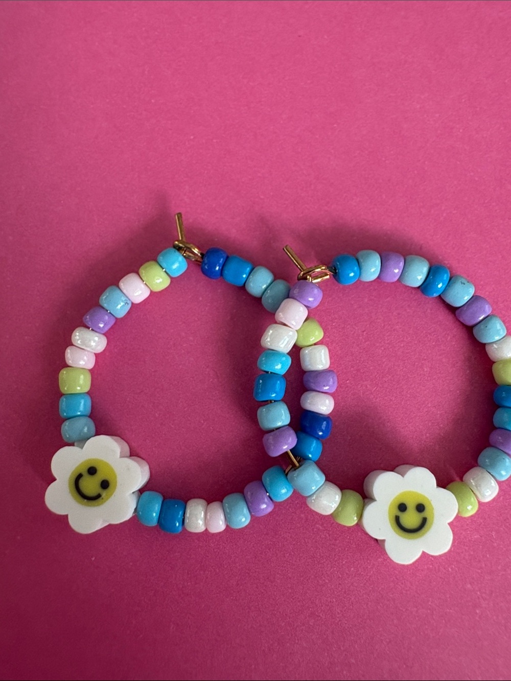 Smiley Daisy Beaded Hoop Earrings - Pastel Multi